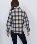 Purple and cream plaid flannel shirt with long sleeves and relaxed fit, shown from back.