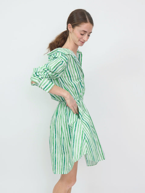 Green and white striped off-the-shoulder mini dress with puffed sleeves and cinched waist.