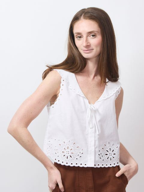 Embroidered Eyelet Sailor Top, white