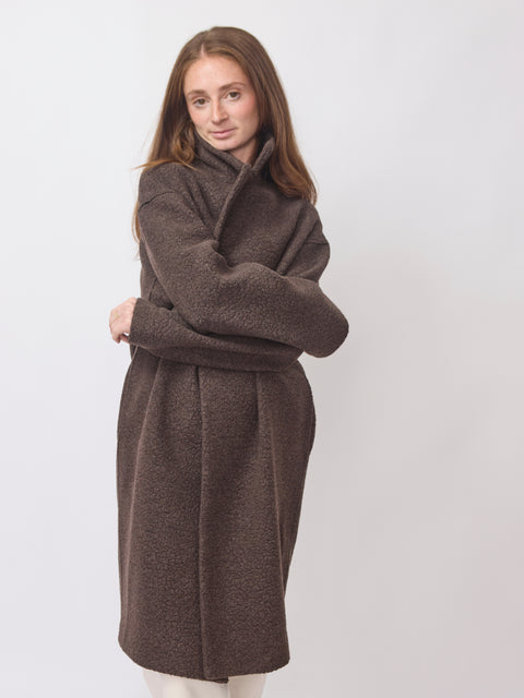 Dropped Shoulder Bouclé Coat, Dark Brown