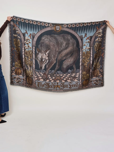 Wolf You Feed, 195cm silk rectangle, gunmetal