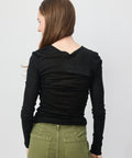 Black long-sleeve fitted t-shirt with subtle ruched detailing on the back, crew neckline.