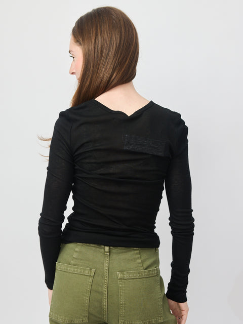 Black long-sleeve fitted t-shirt with subtle ruched detailing on the back, crew neckline.