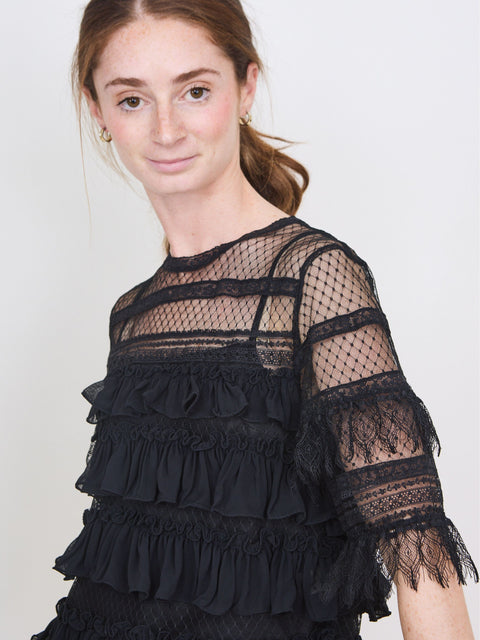 Winter Mesh Flounce Top, Black