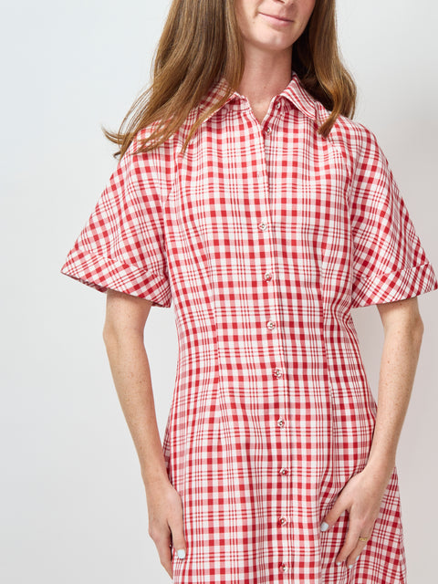 A-Line Mini Shirt Dress, Red Plaid