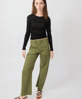 Black long-sleeve fitted t-shirt with round neckline paired with olive green high-waisted pants.