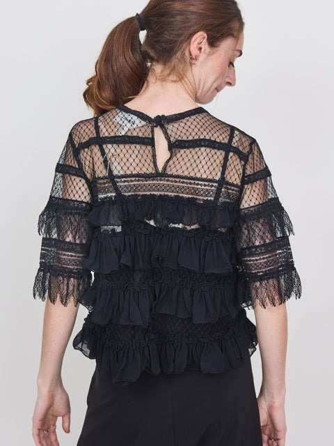 Winter Mesh Flounce Top, Black