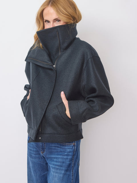 Funnel Wool Biker Jacket, Dark Blue