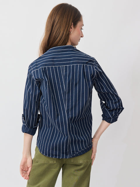 Navy blue textured stripe button-up shirt with long sleeves rolled to elbows, relaxed fit.