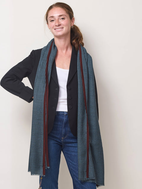 Houndstooth Selvedge Scarf,  blue/burgundy