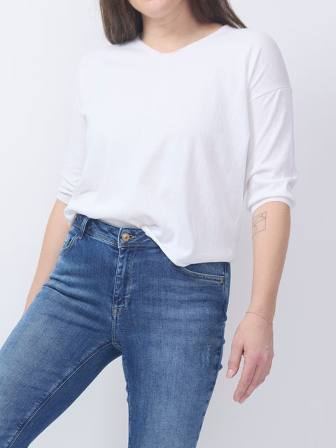 Cotton V-Neck Pullover, white elbow sleeve