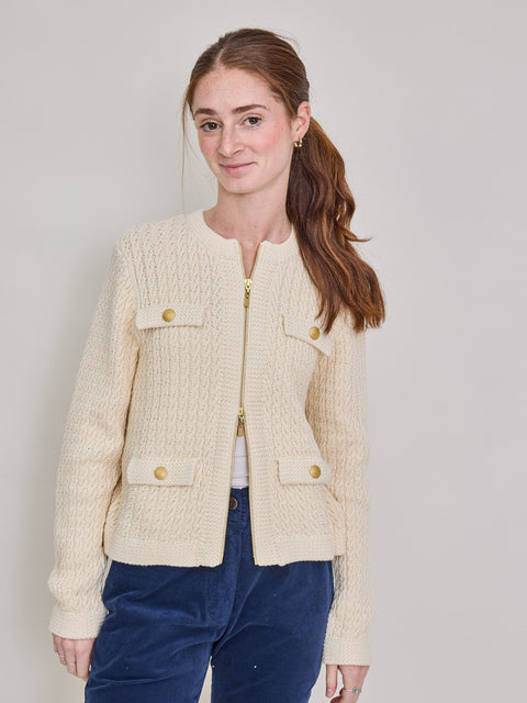 Textured Zip Cardigan, Vanilla