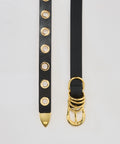 Black leather belt with gold rivet details and a trio of gold D-ring buckle closures.