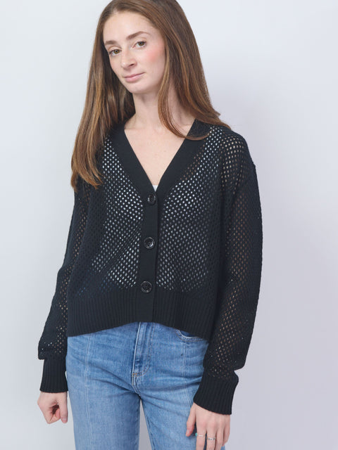 Open Knit V-Cardigan, Noir