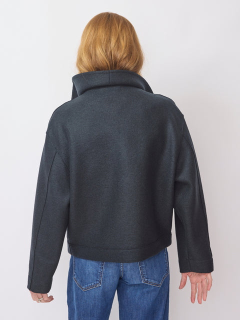 Funnel Wool Biker Jacket, Dark Blue