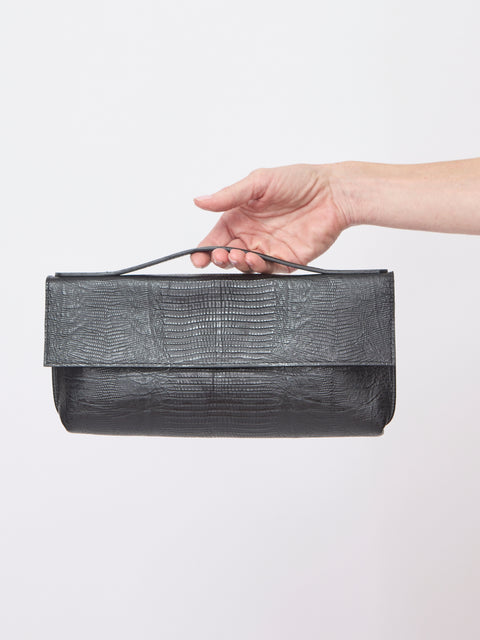 Top Handle Lizard Clutch, Black