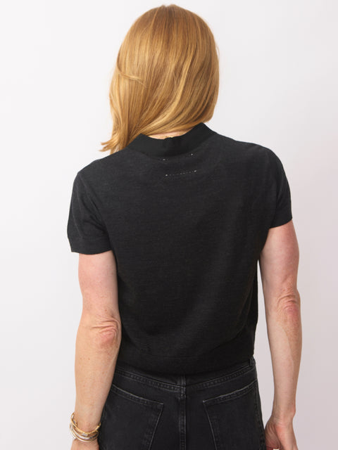 S/S Top w/ Neck Tie, Charcoal
