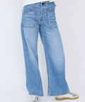 Light blue high-waisted denim wide-leg jeans with button fly and front pockets.