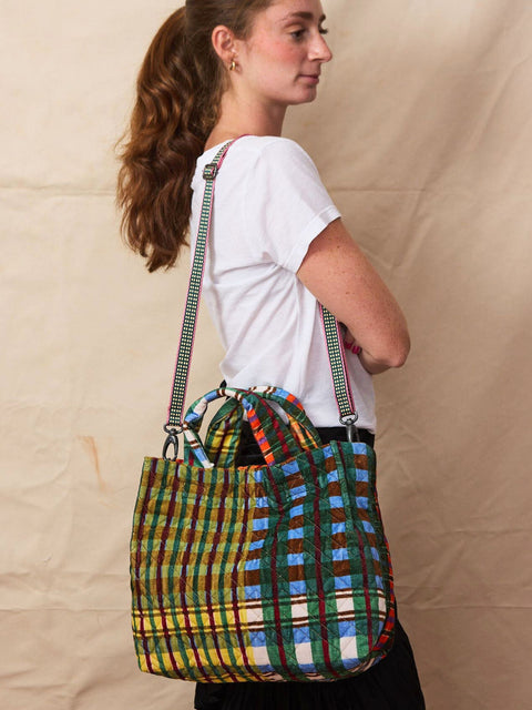 Quilted Velvet Tote, plaid