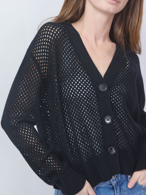Open Knit V-Cardigan, Noir