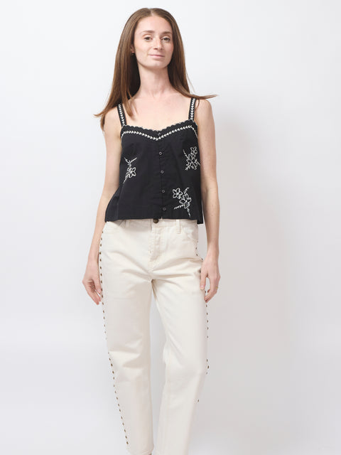 Weekend Tank, hanky embroidery, black