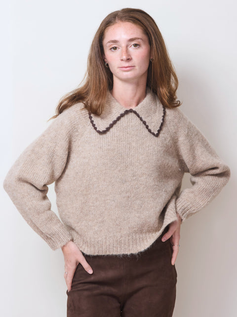 Crochet Pullover, Oat/Brown