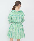 Green and white striped off-shoulder mini dress with elastic waist and three-quarter sleeves.