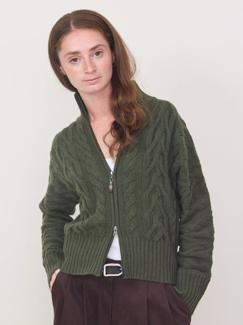 Cable Zip Cardigan, Loden