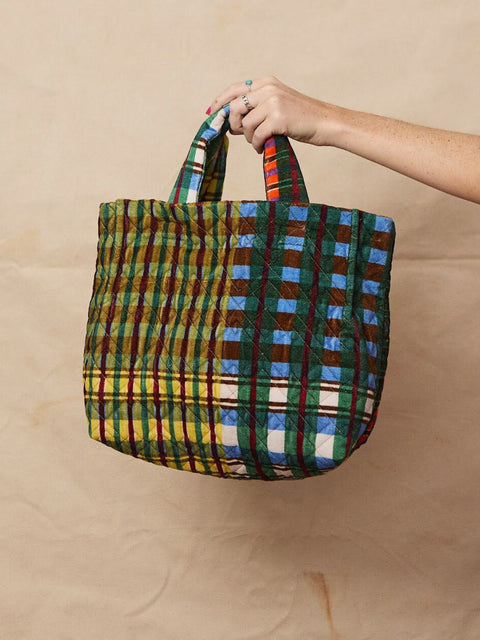 Quilted Velvet Tote, plaid