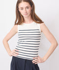 Sleeveless ecru top with horizontal navy stripes and round neckline.
