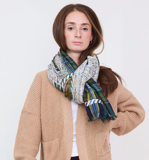 Woman wearing a patterned scarf and beige coat on a white background