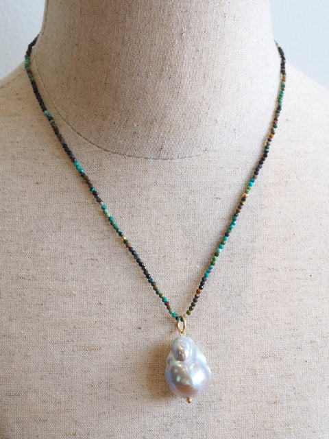 Short Tiny Turquoise + Baroque Pearl Necklace